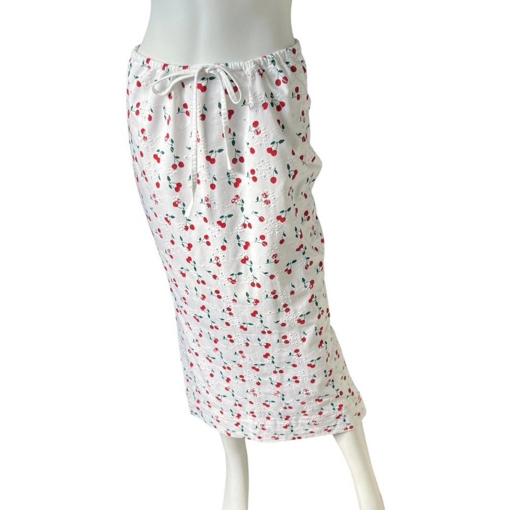 ASOS Design Cherry Print Midi Skirt Pull On White A Line Cotton Size Medium